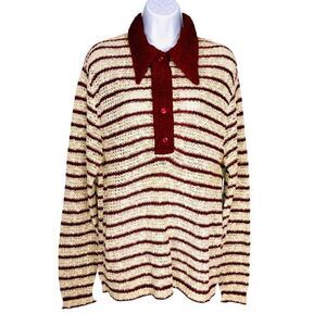 Vintage 70s John Weitz Mens M Sweater Maroon Striped Dagger Collar